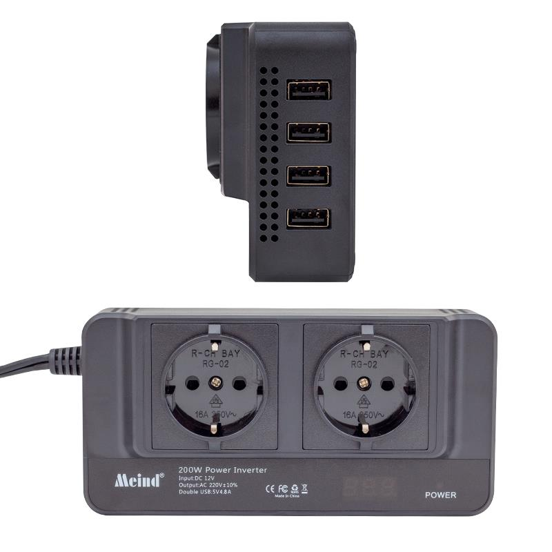 İki prizli ve dört USB bağlantı noktalı siyah 200W güç invertörü.