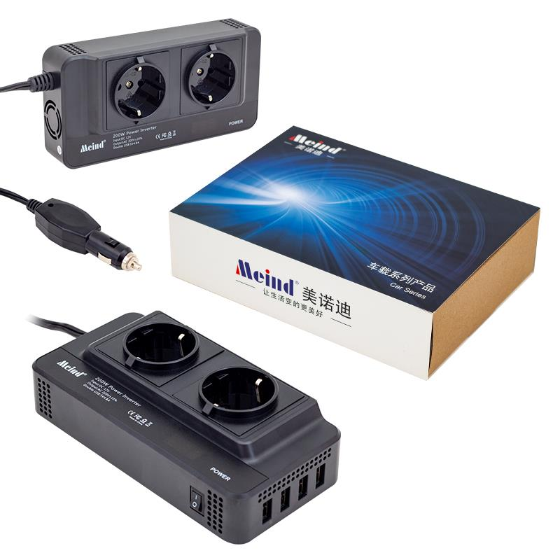 İki prizli, USB bağlantı noktalı ve güç kablolu siyah 200W güç invertörü.