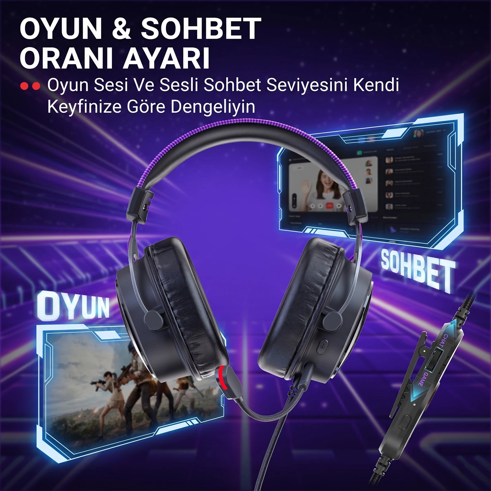 Mor aksanlı siyah oyuncu kulaklığı, oyun ve sohbet ikonları arka planında.