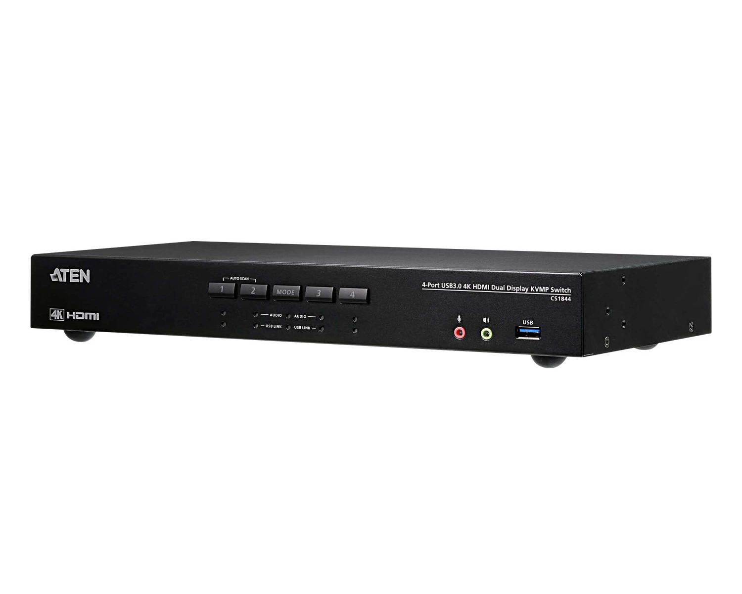 Switch KVMP ATEN 4K HDMI USB3.0 a 4 porte nero con pulsanti e porte.