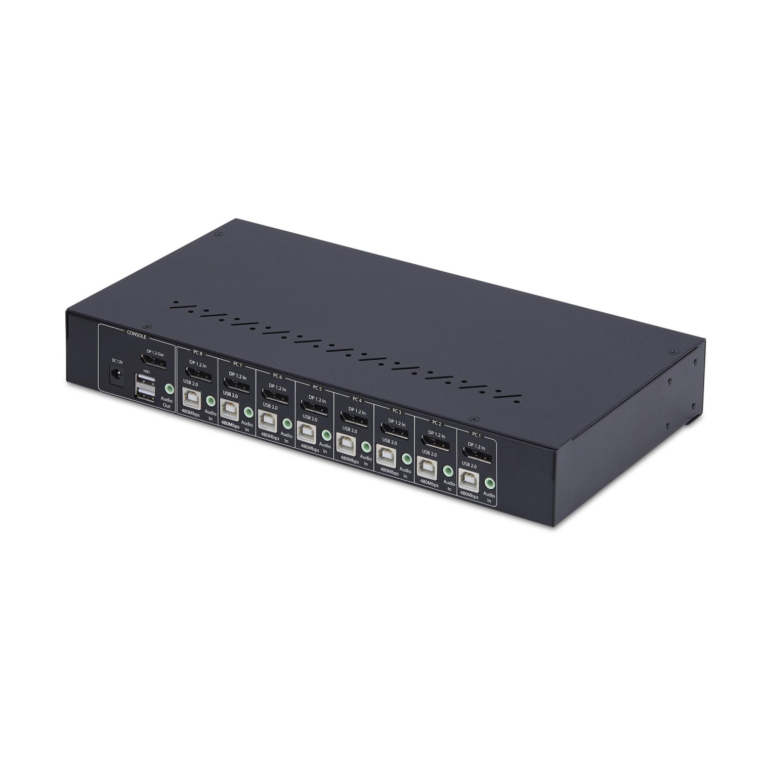 Switch KVM nero a 8 porte con connessioni DisplayPort, USB e audio.