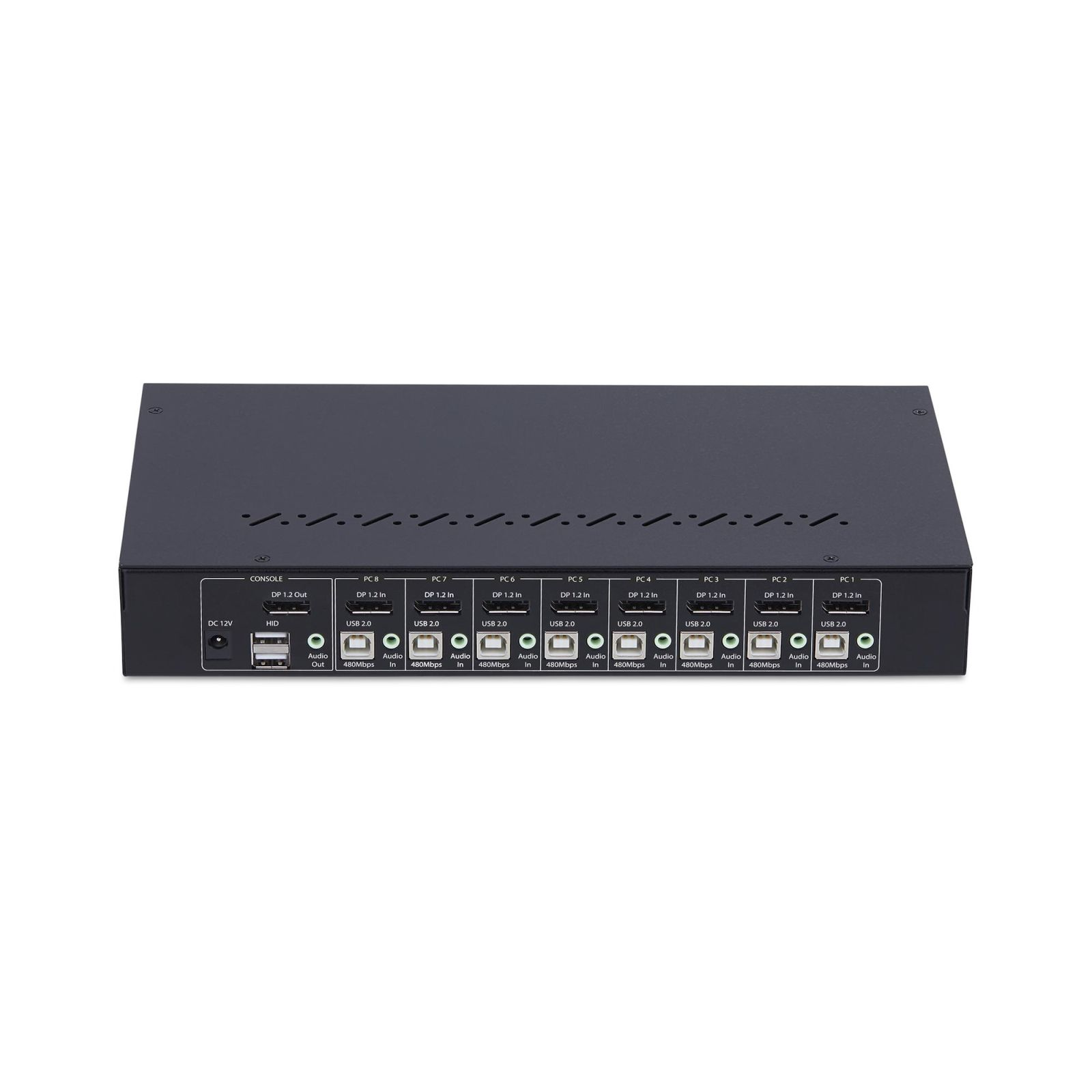 Switch KVM nero con console e 8 porte PC, DC 12V, HID, USB 2.0 e Audio.