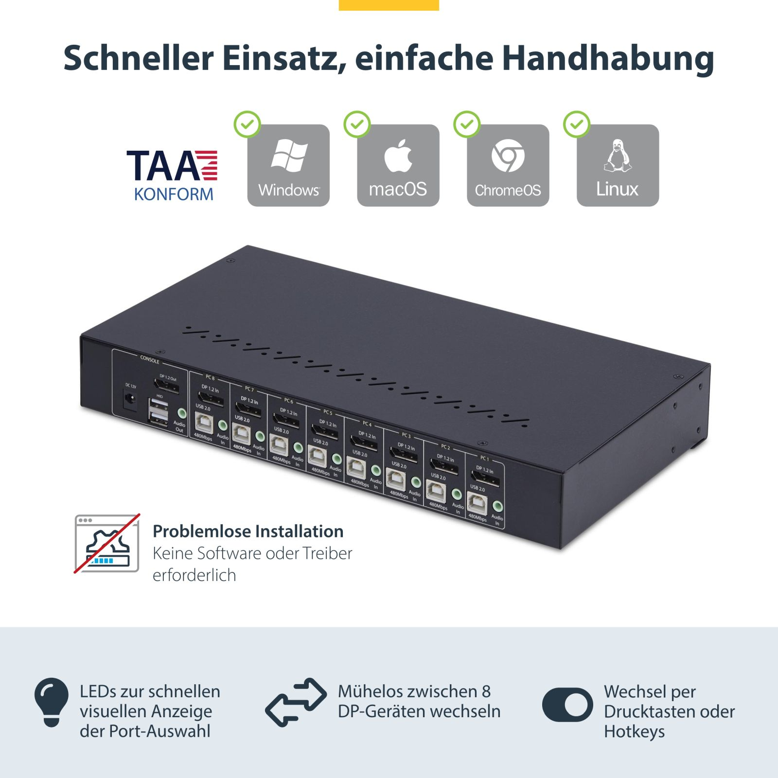 Switch KVM nero a 8 porte con porte etichettate e icone OS. Installazione facile.