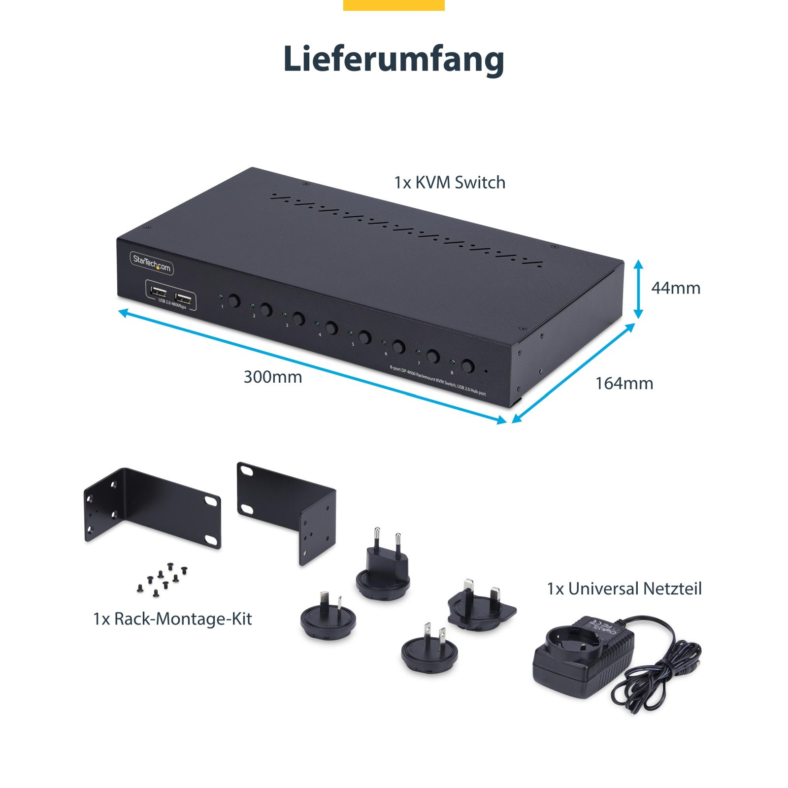 Uno switch KVM nero con accessori: kit di montaggio rack e alimentatore.
