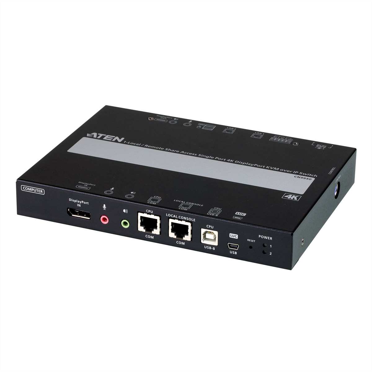 Dispositivo switch KVM nero con porte DisplayPort, USB e di rete.
