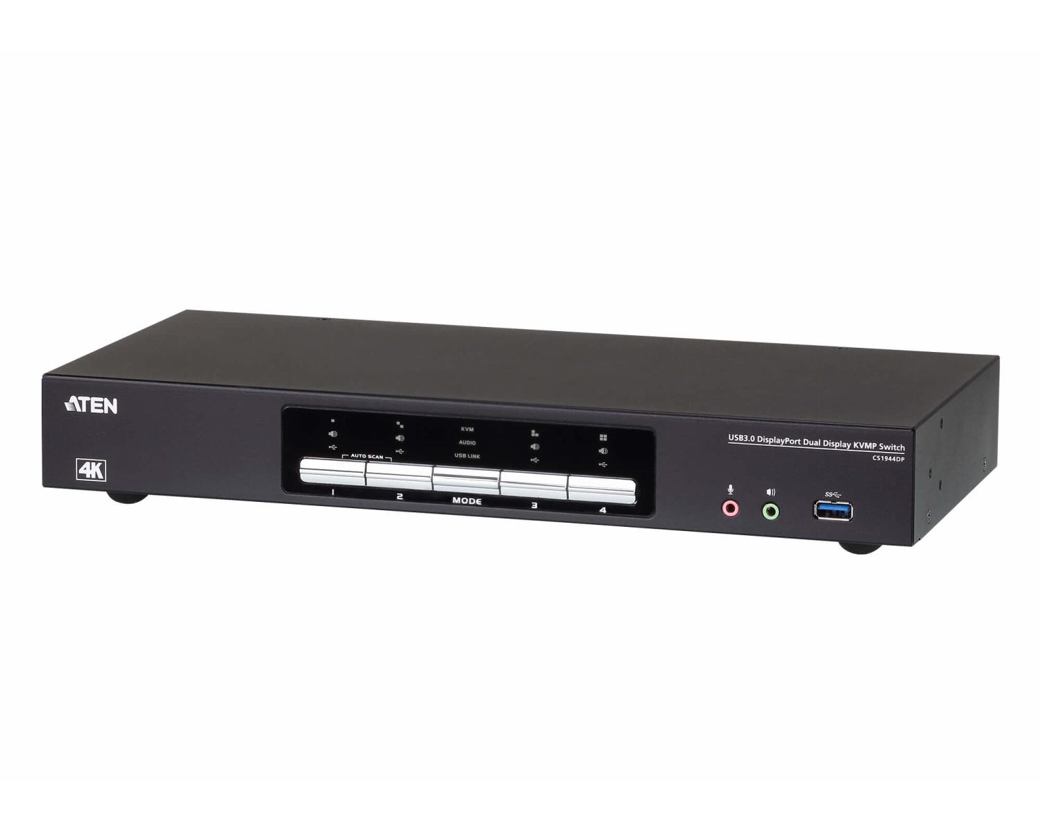 Uno switch KVMP ATEN USB3.0 DisplayPort Dual nero con quattro ingressi.