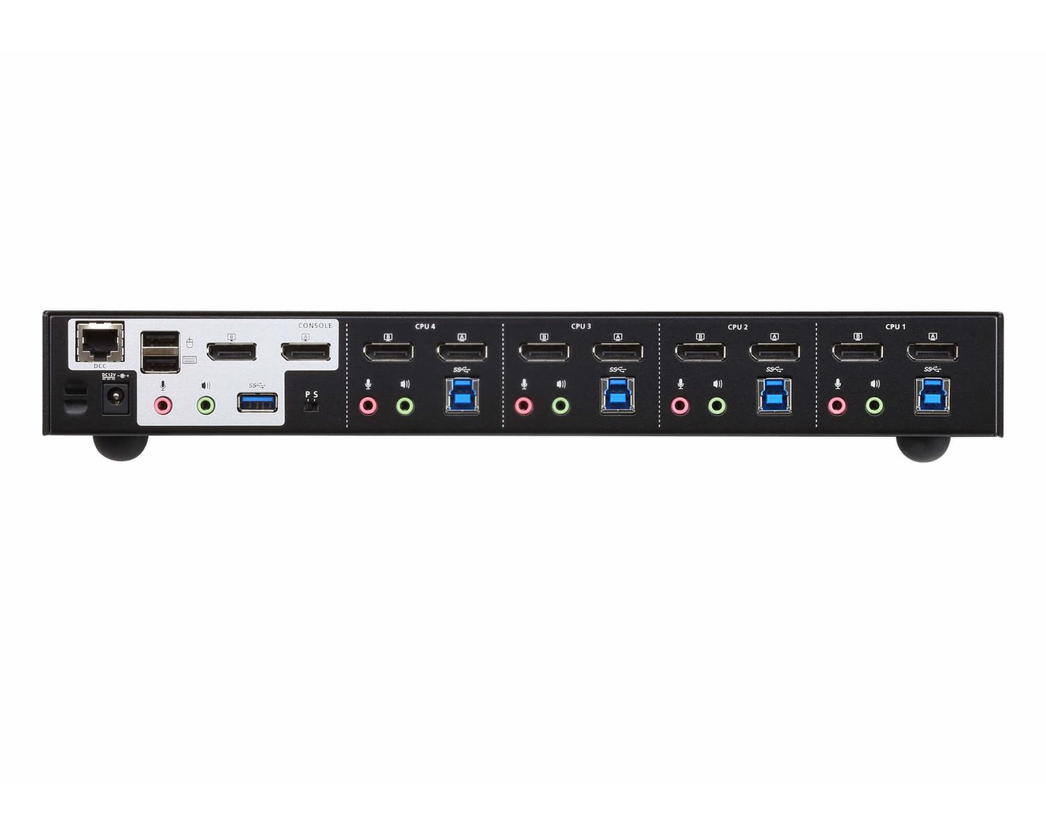 Uno switch KVM nero con porte per 4 CPU, console, alimentazione e USB.