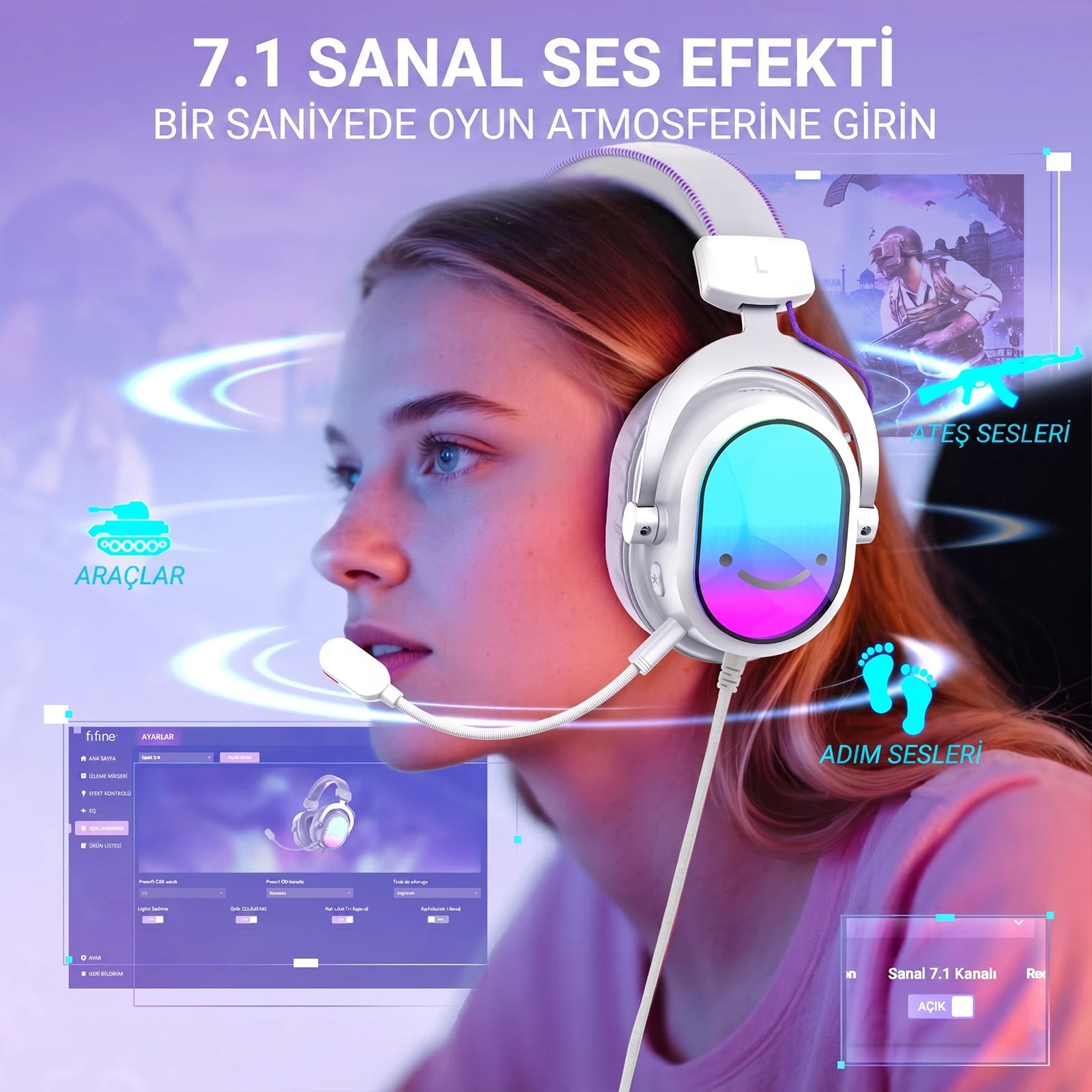 Genç bir kadın, oyun grafikleri ve metin içeren beyaz bir kulaklık takıyor.