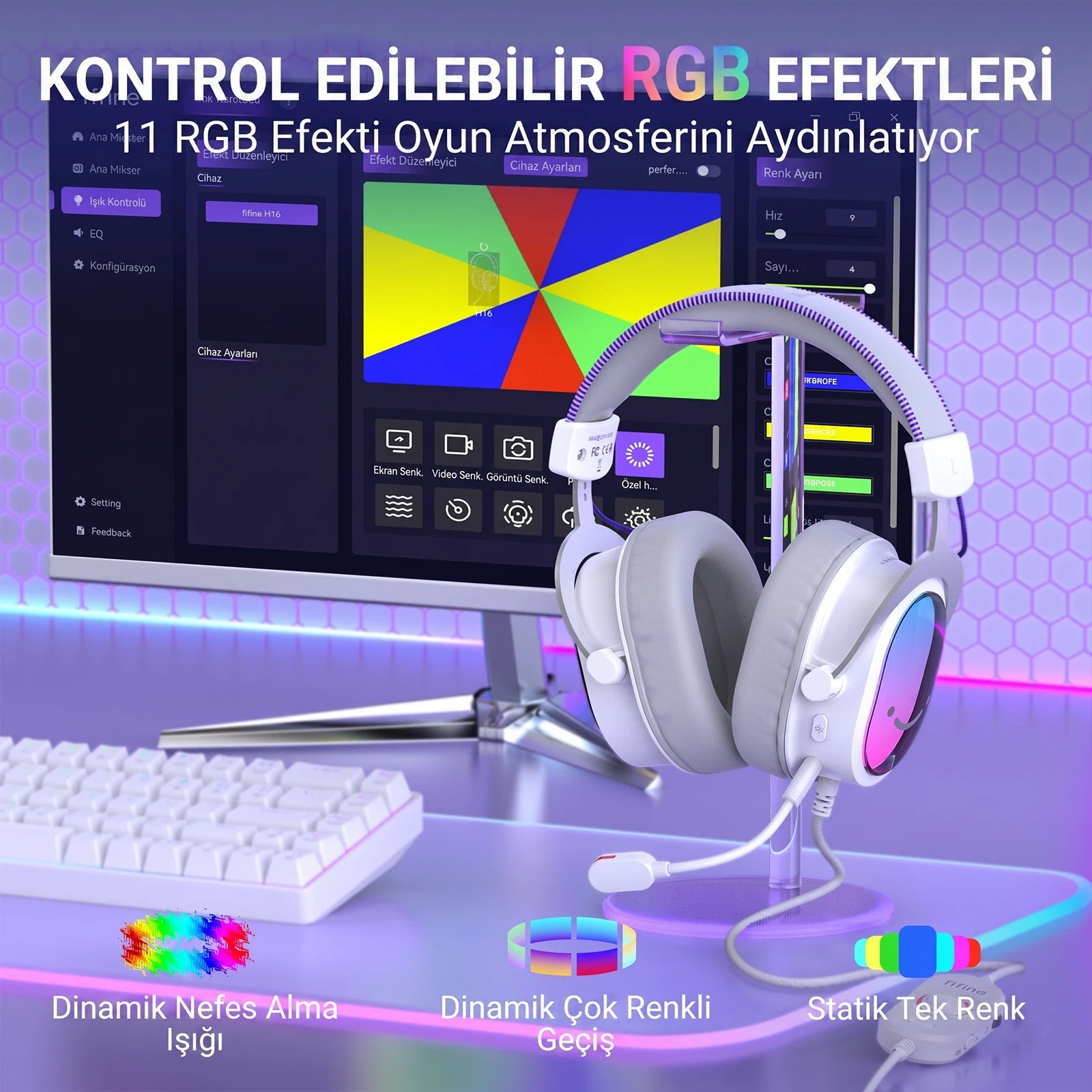 Beyaz bir kulaklık, RGB efektleri gösteren bir bilgisayar monitörünün önünde sergileniyor.