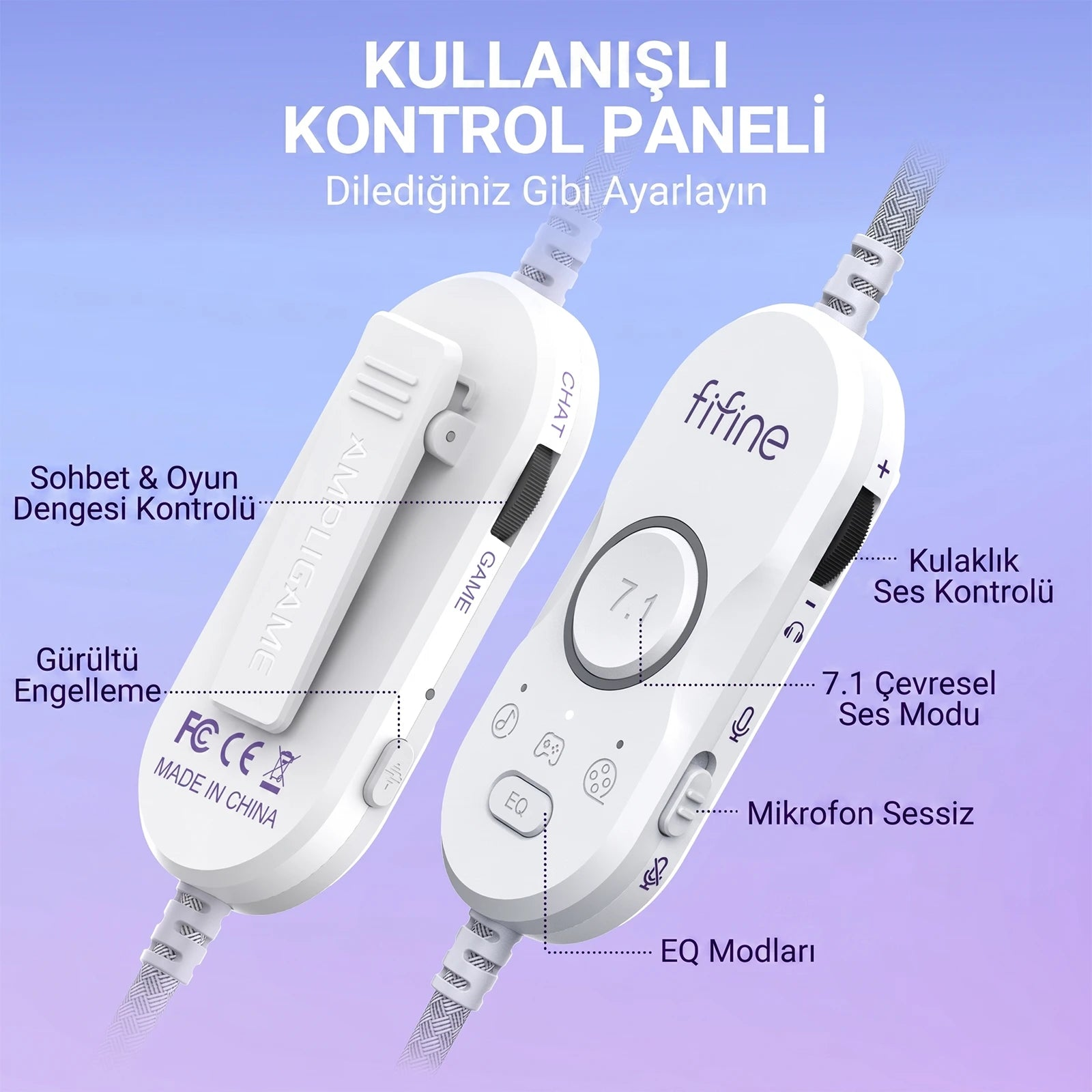 Ses, sohbet/oyun dengesi ve EQ kontrolleri olan iki beyaz kablolu kumanda.