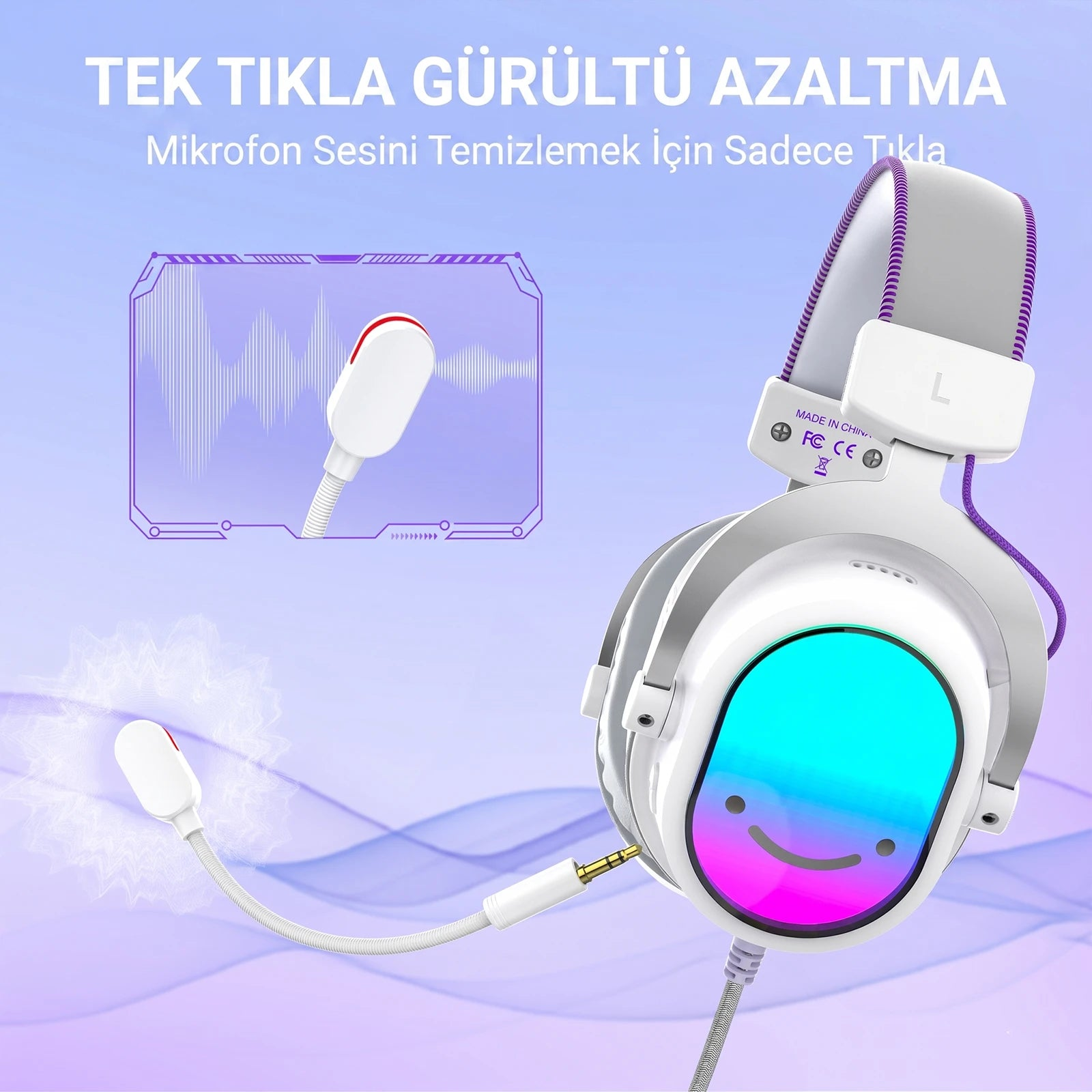 Mikrofonlu beyaz kulaklık, kulaklıkta gülen yüz.