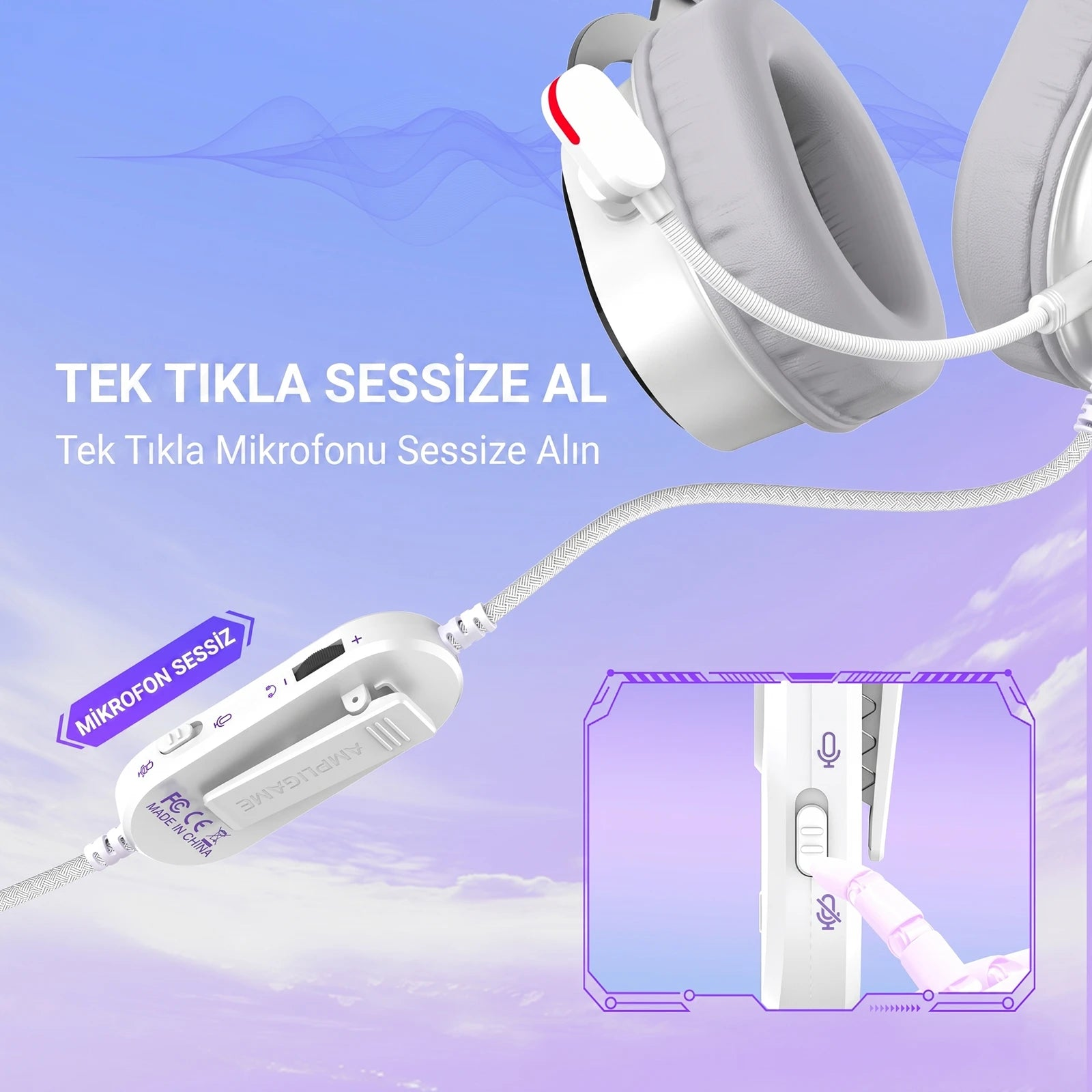 Mavi arka plan üzerinde kablolu ve hat içi ses ayarlı beyaz kulaklık.