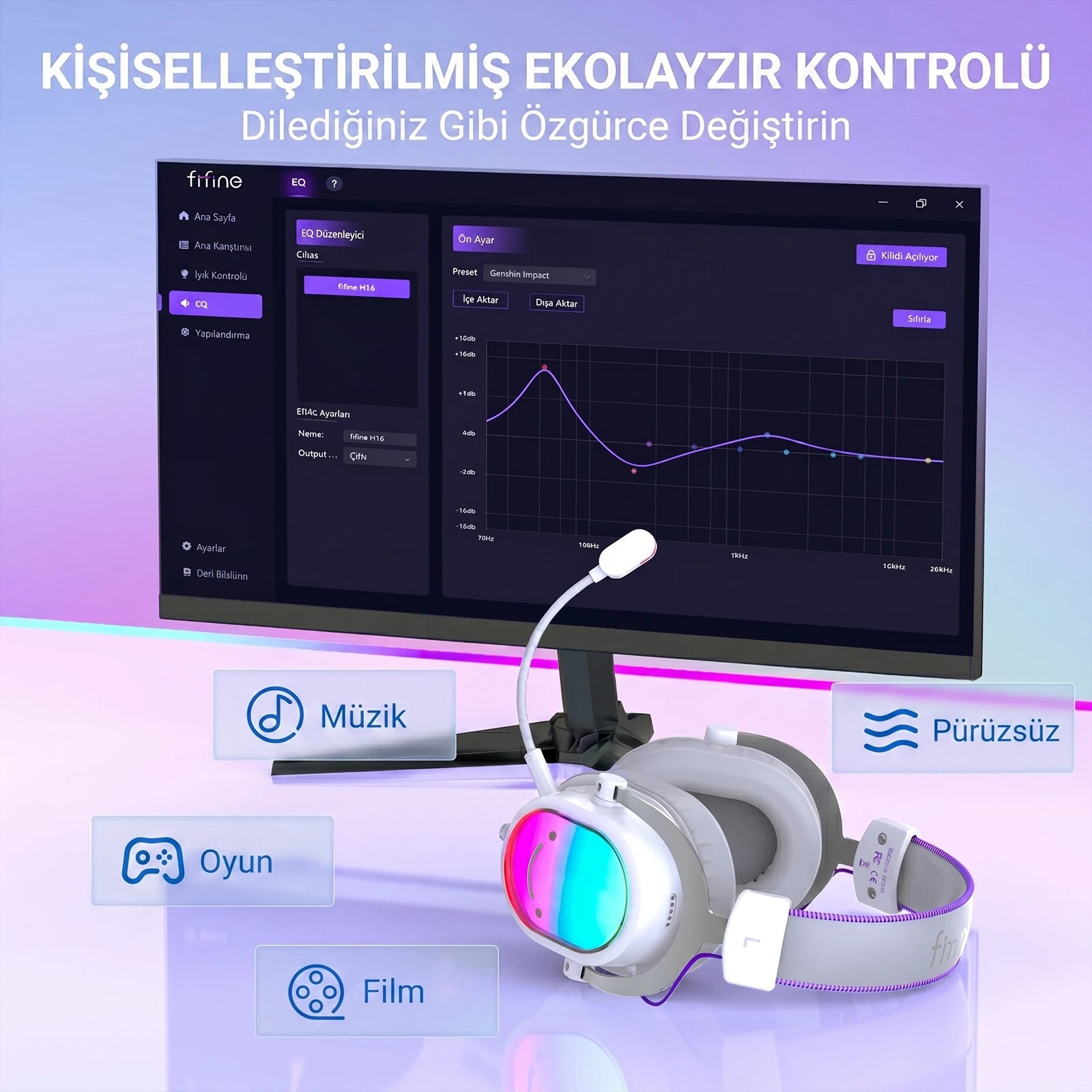 Monitör, kulaklıkla ekolayzır yazılımını ve müzik, oyun, film simgelerini gösteriyor.