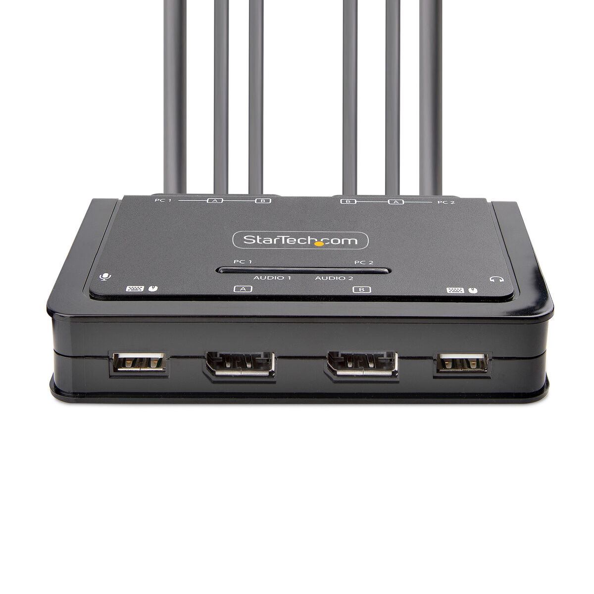 Switch KVM nero con quattro porte USB e due porte HDMI, tre antenne in cima.