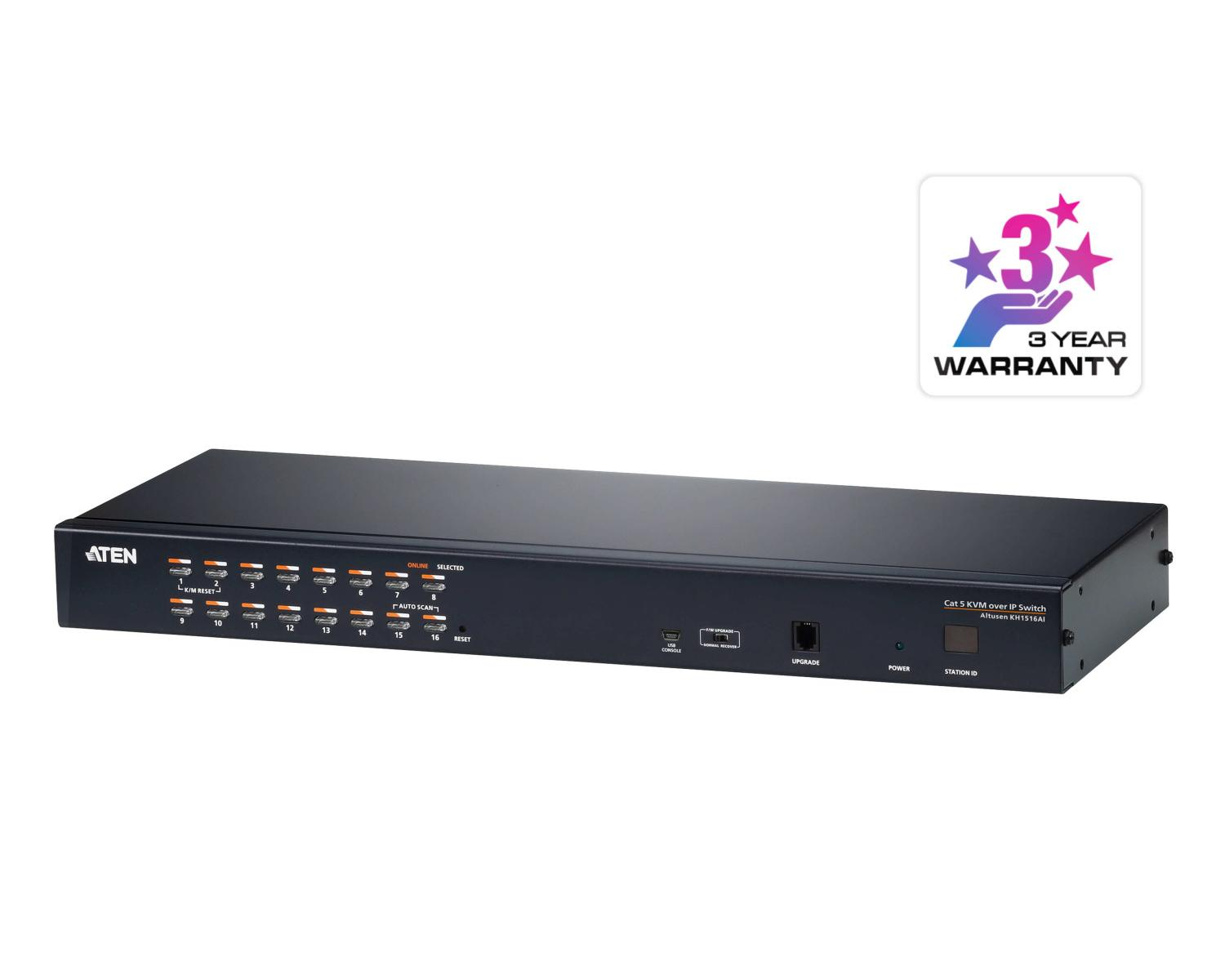 Switch ATEN Cat 5 KVM over IP nero con 16 porte e logo garanzia 3 anni.