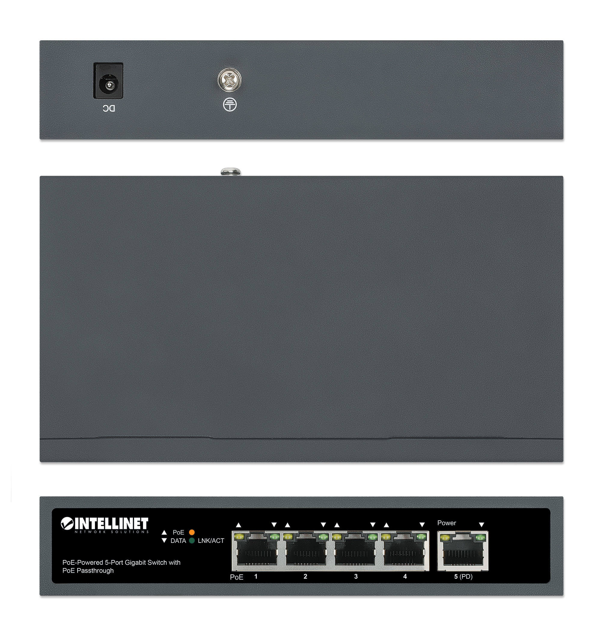 Uno switch PoE Gigabit grigio a 5 porte con porte e LED sul pannello frontale.