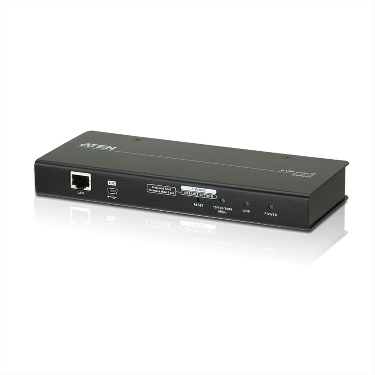 Un dispositivo switch KVM nero con porte e LED sul davanti.