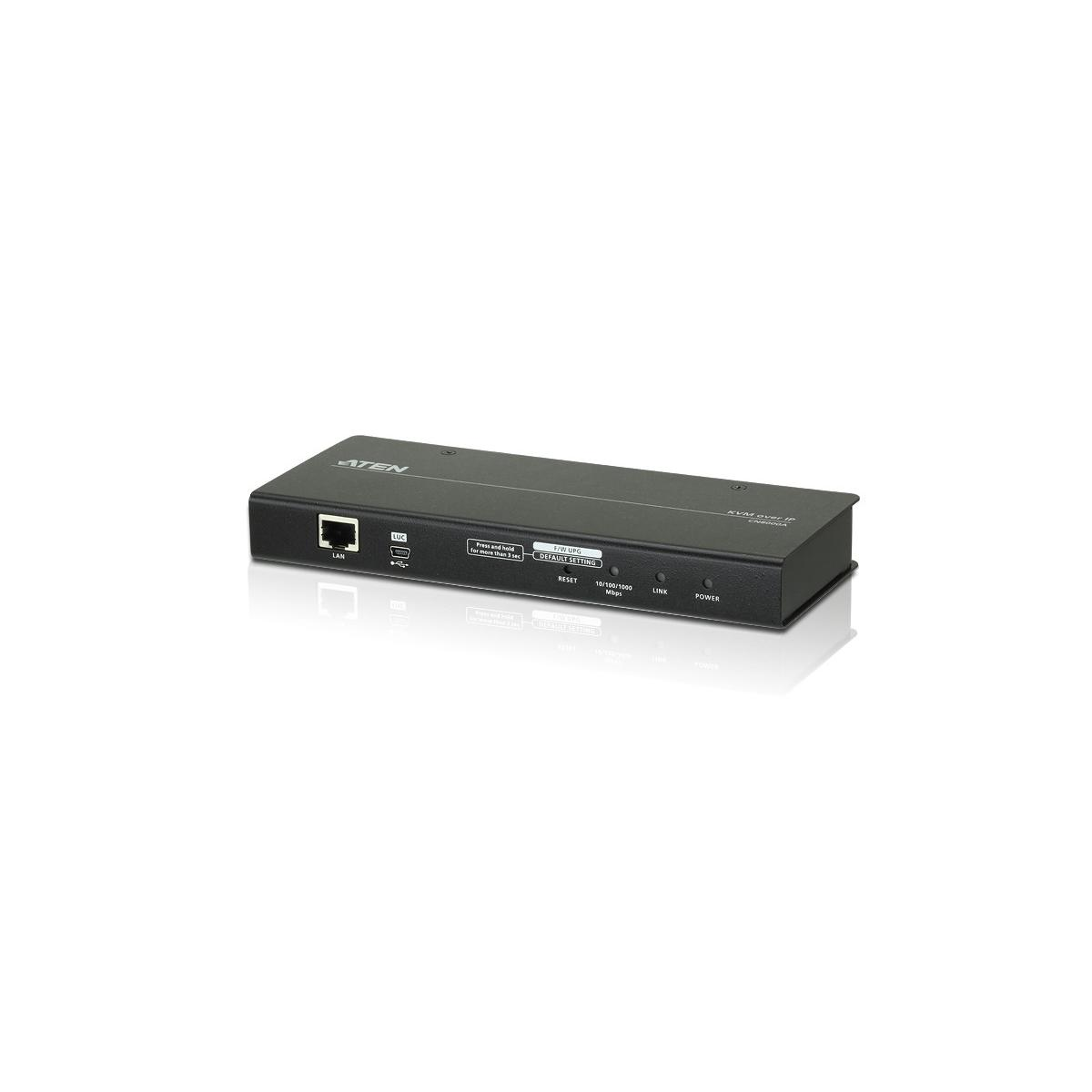 Un dispositivo KVM nero con porte LAN, Reset, Link e Power.