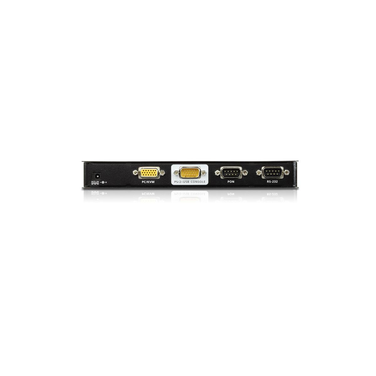 Retro di un dispositivo con porte: DC IN, PC/KVM, PS/2-USB, PON, RS-232.