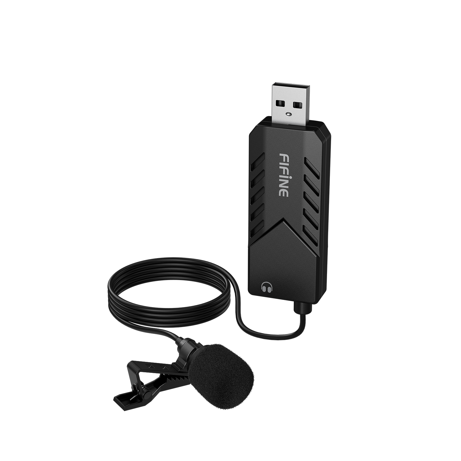 Kablolu siyah USB ses adaptörü ve yaka mikrofonu.