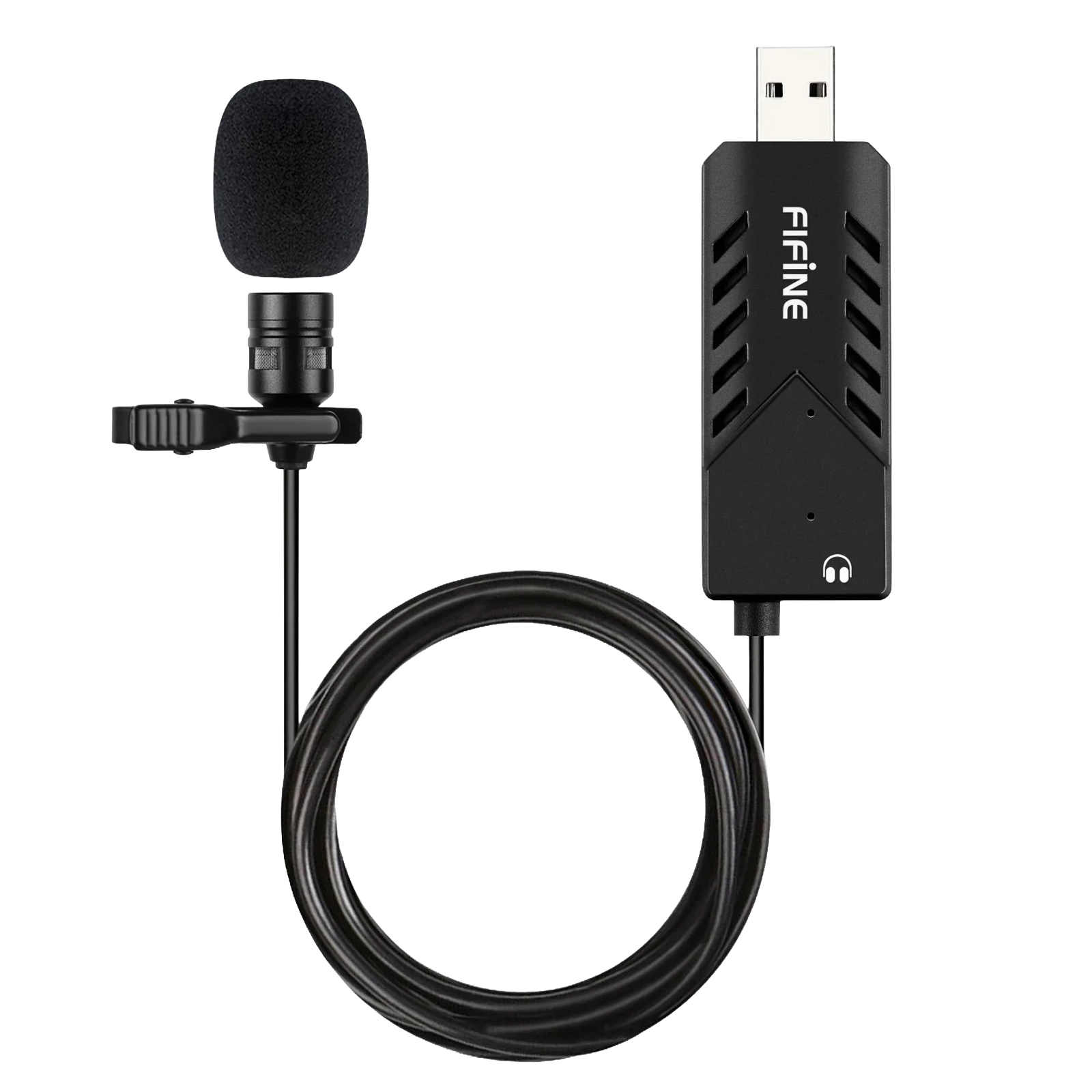 USB adaptörlü ve kablolu siyah yaka mikrofonu.