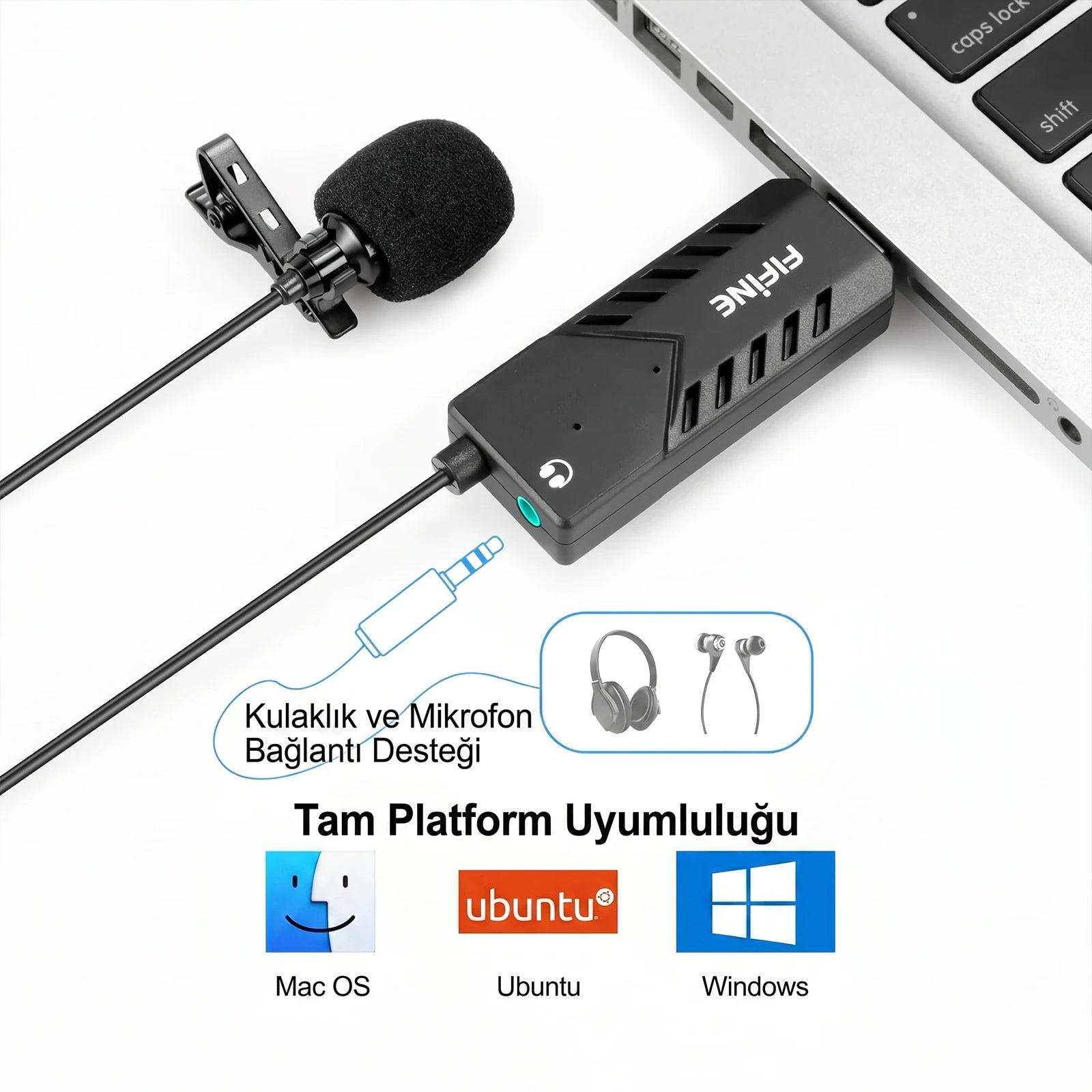 Bir yaka mikrofonu ve adaptör bir dizüstü bilgisayara bağlanmıştır.