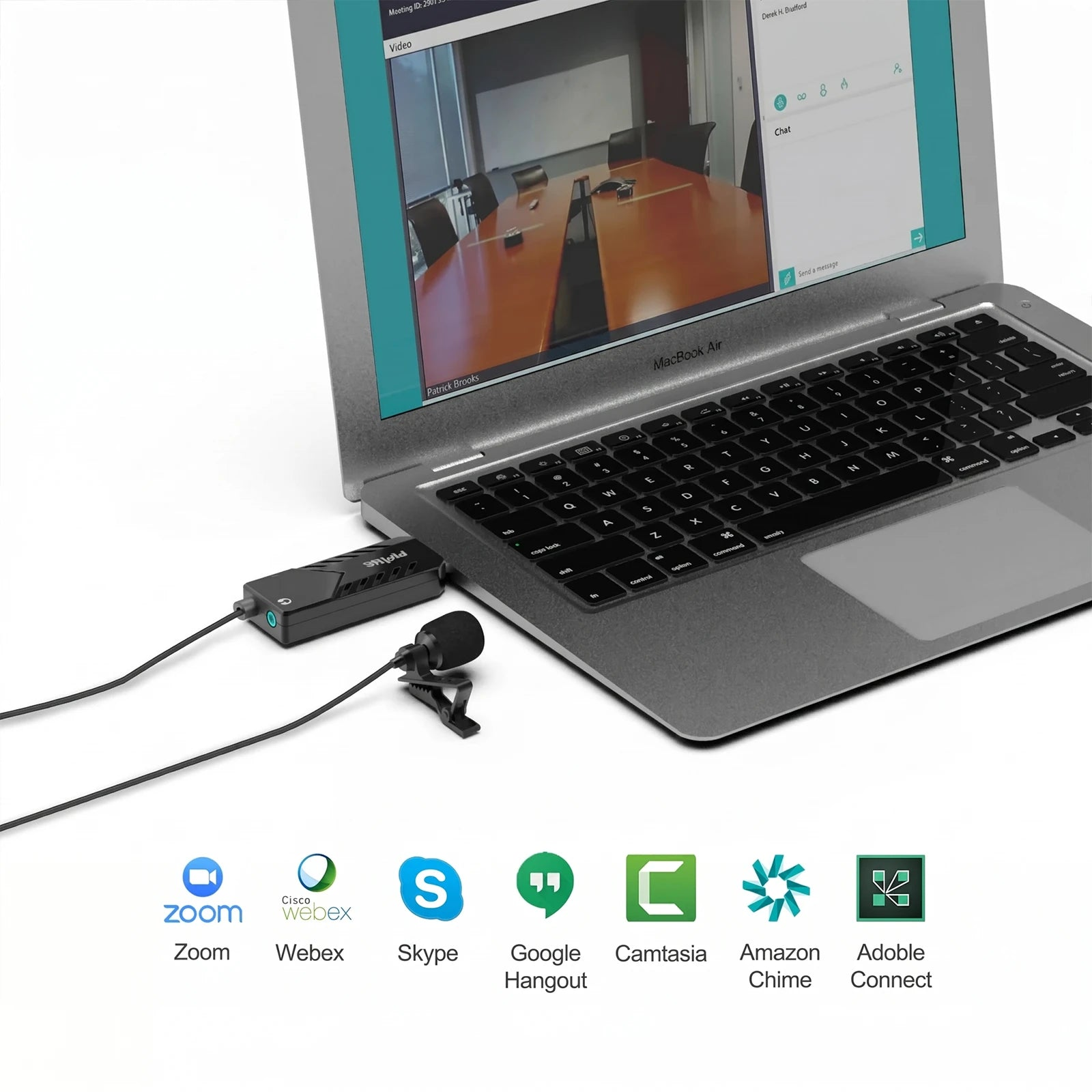 Görüntülü arama, mikrofon ve uygulama logoları olan dizüstü bilgisayar: Zoom, Webex, Skype.