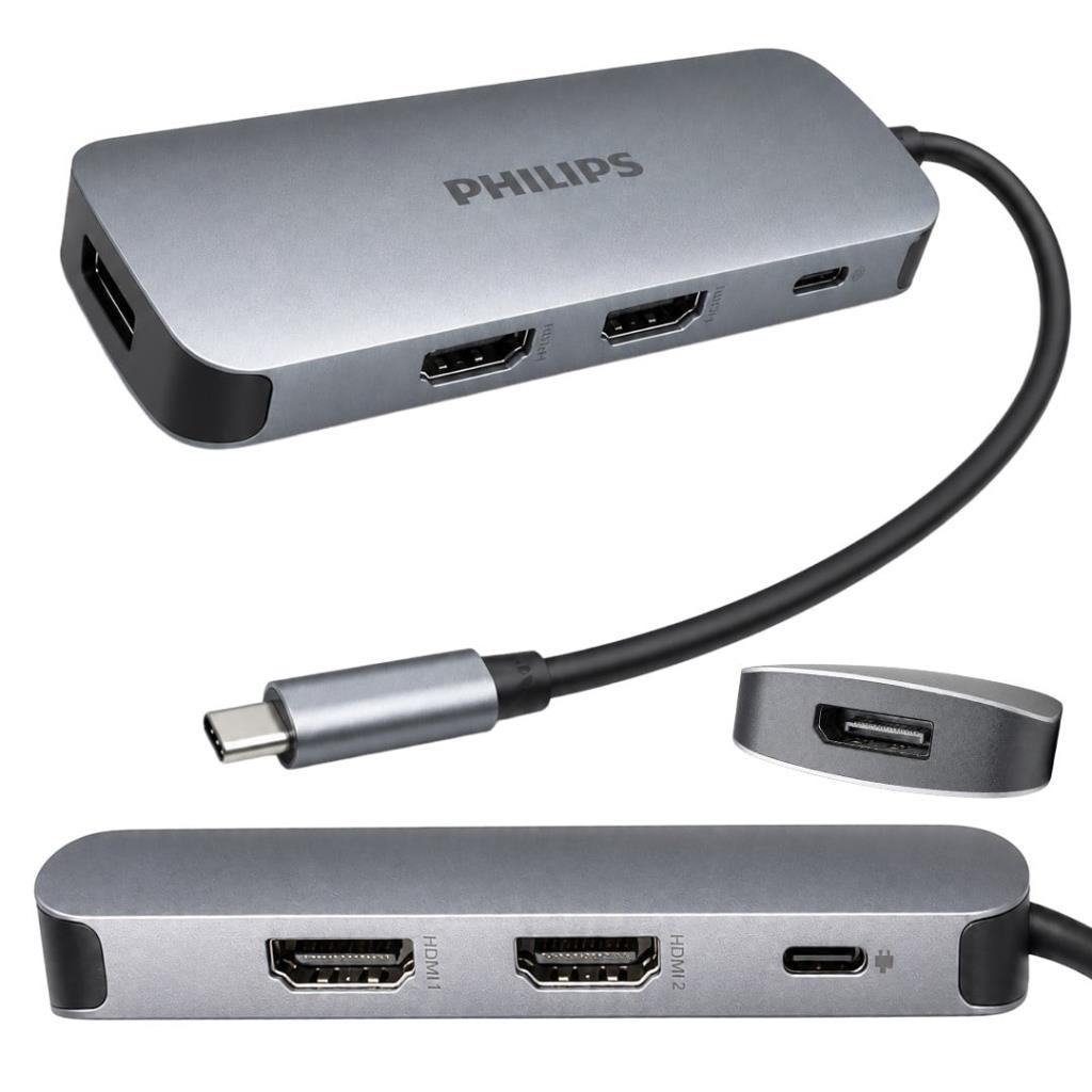 İki HDMI bağlantı noktasına ve bir USB-C girişine sahip gri Philips USB-C hub.
