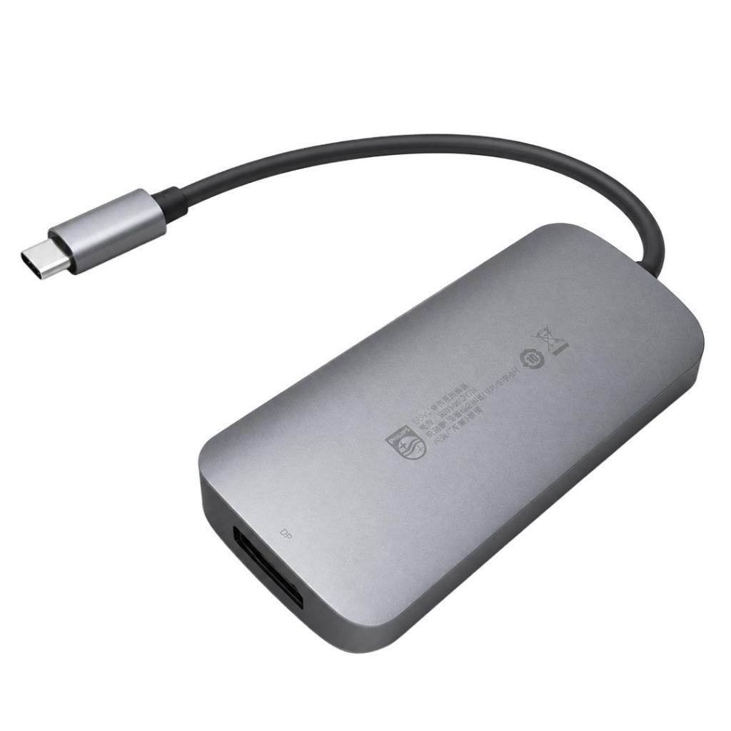 Kablolu gri USB-C hub ve DisplayPort bağlantı noktası.