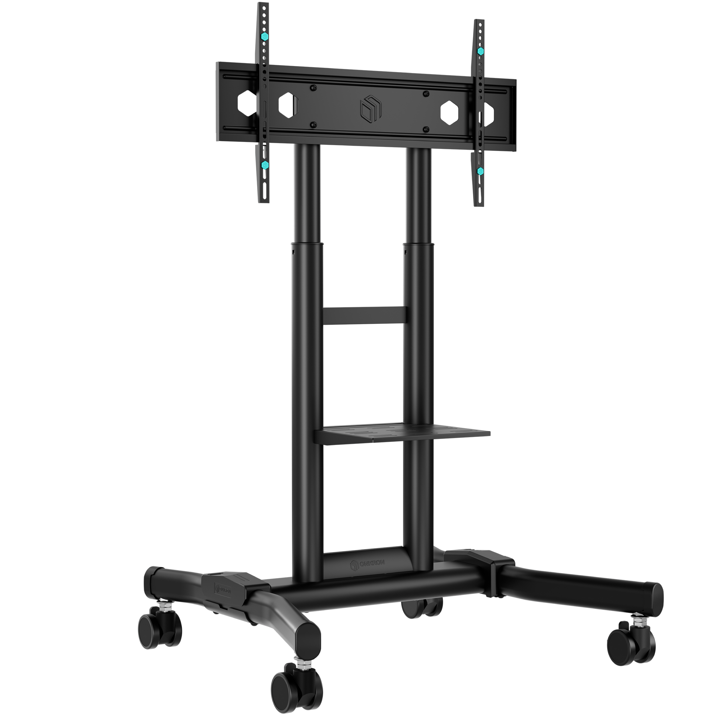 Soporte móvil negro para TV con ajuste de altura y estante.