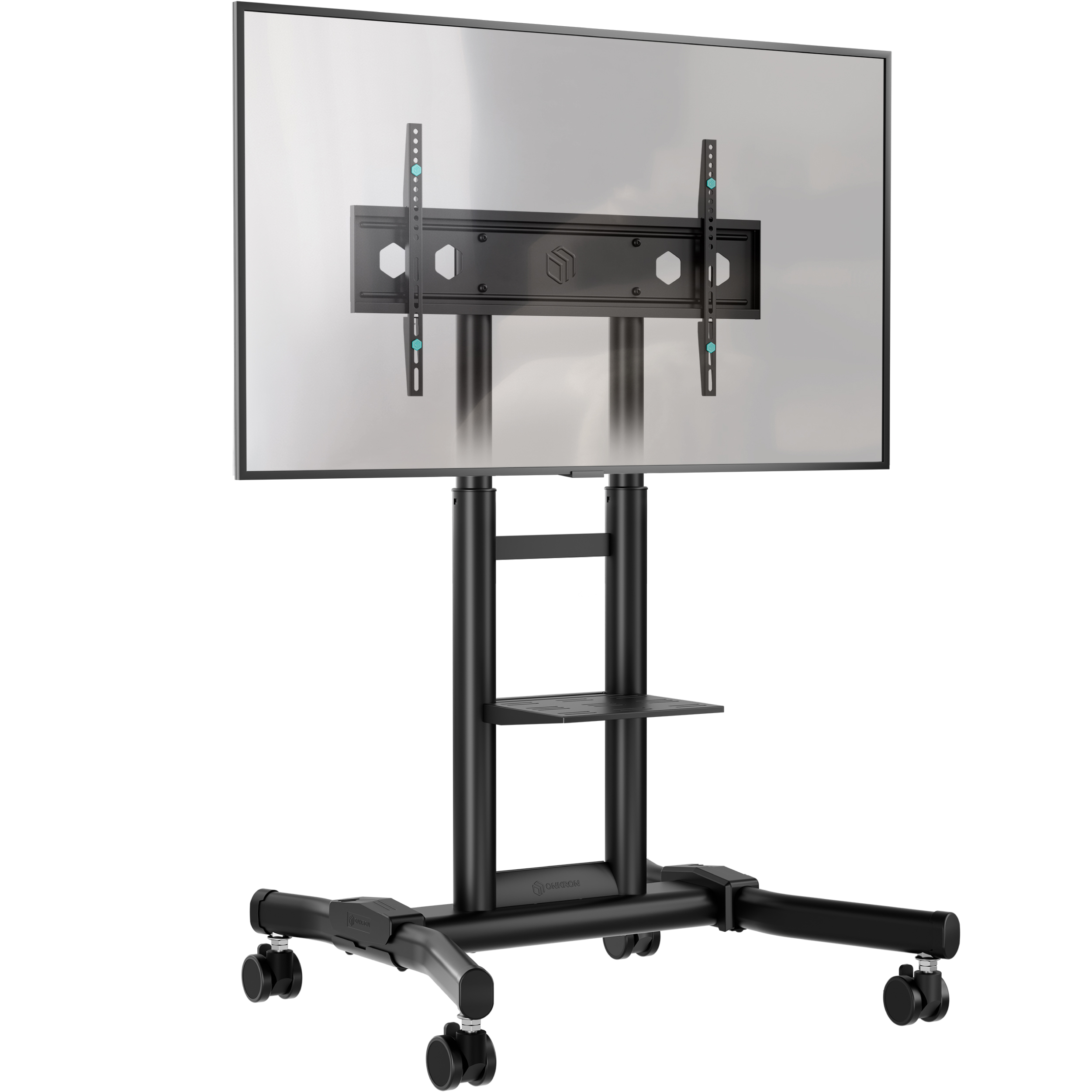 Soporte negro para TV con ruedas y soporte ajustable para pantalla.
