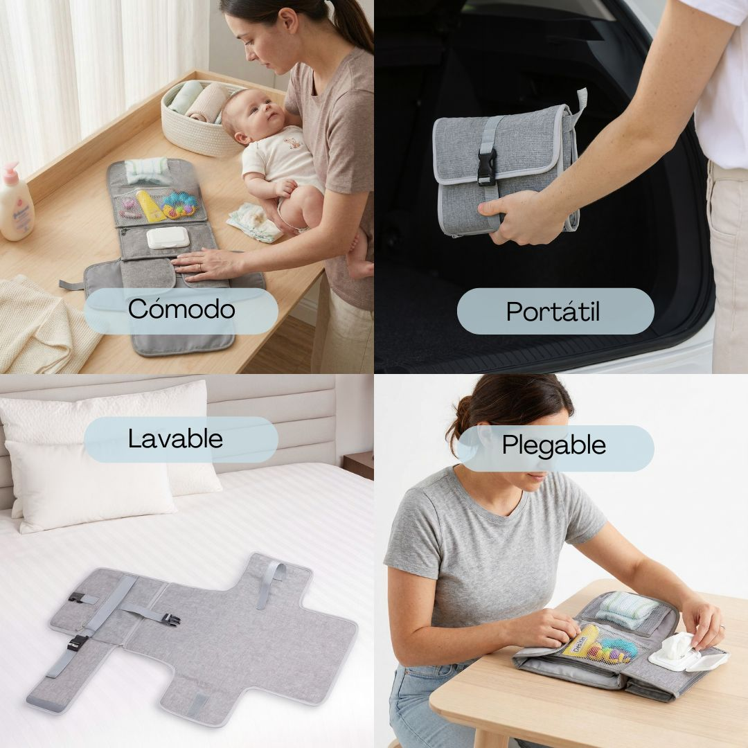 Cuatro collages muestran un cambiador gris: abierto con bebé, portátil, desplegable, plegado.