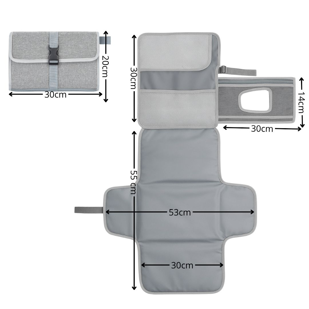 Bolso cambiador gris con compartimentos y dimensiones, desplegado.