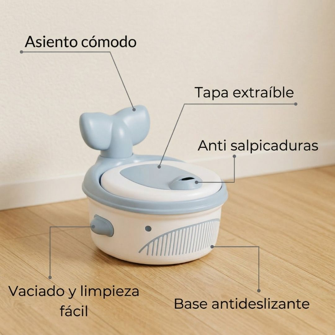 Asiento de orinal azul y blanco con forma de ballena.