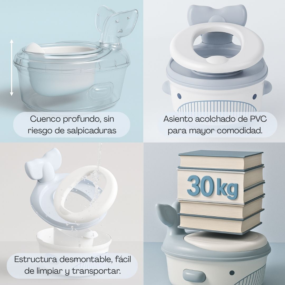 Un orinal para niños con diseño de ballena que muestra profundidad, comodidad y portabilidad.