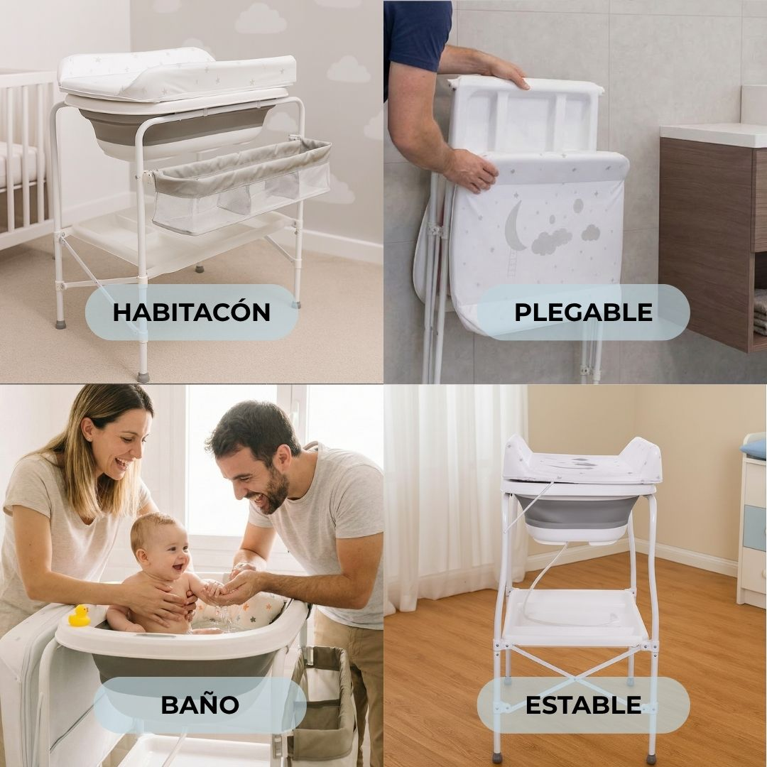 Cambiador de bebé con bañera, plegable y estable, con familia.