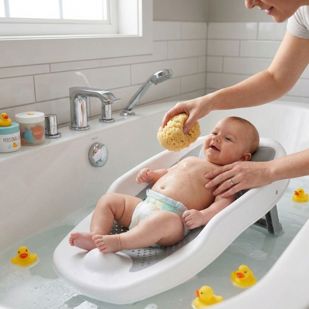 Un bebé en una bañera siendo bañado por una persona con una esponja.