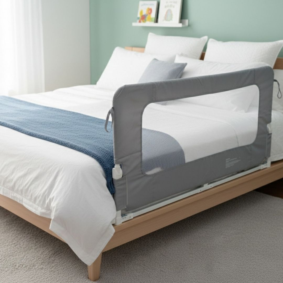 Una barandilla de cama gris unida a una cama de madera con ropa de cama blanca.