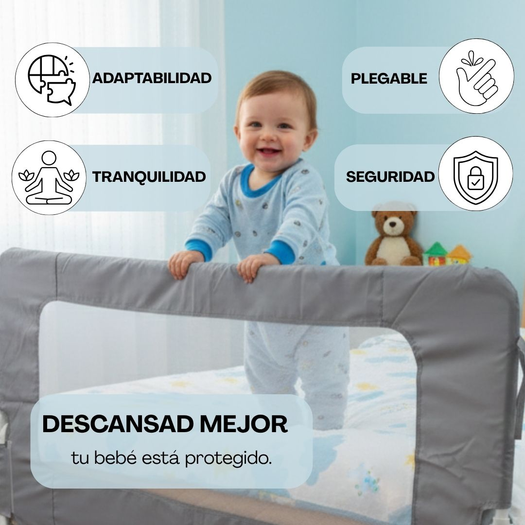 Un bebé está detrás de una barrera de cama en una cama. Iconos muestran adaptabilidad, tranquilidad, plegable y seguridad.