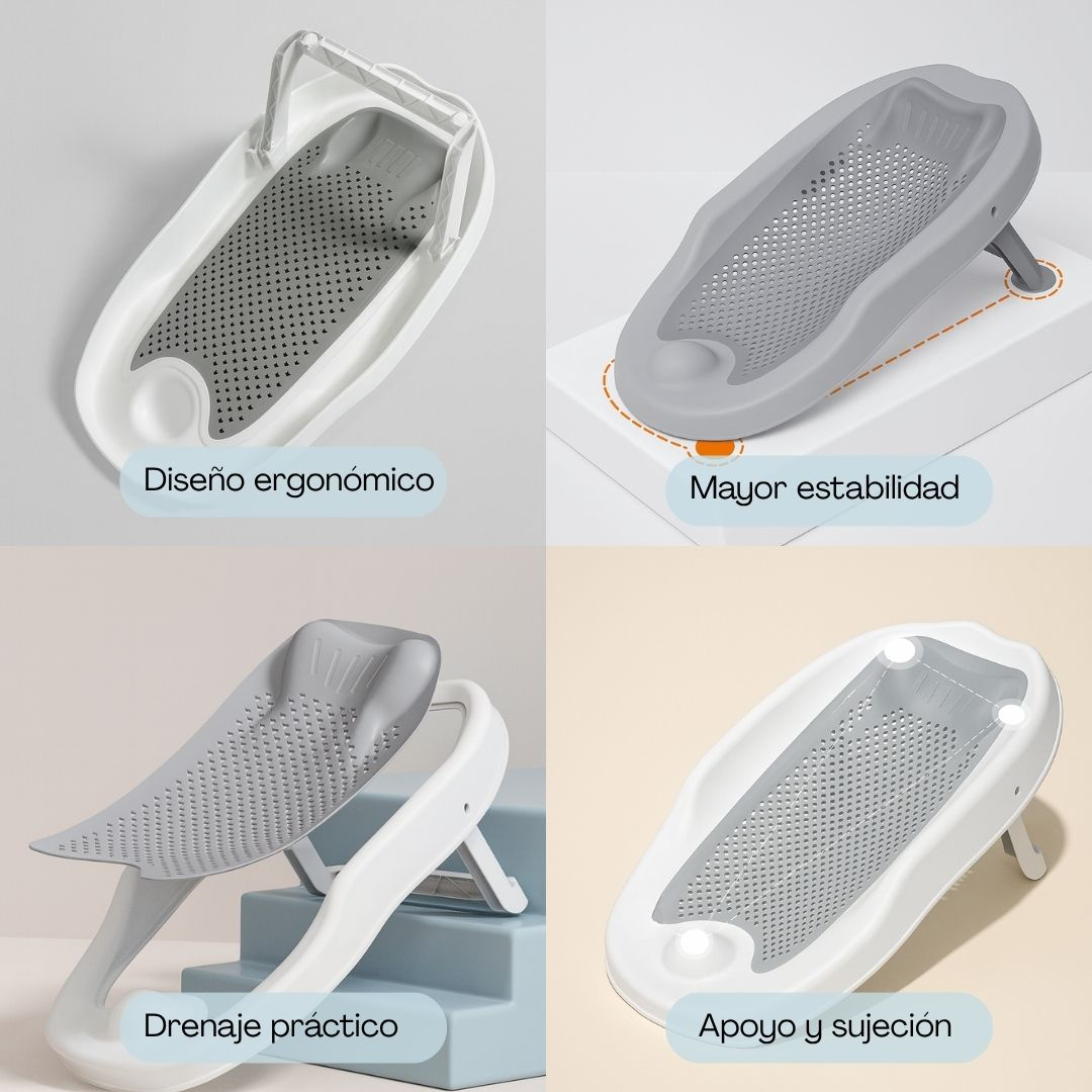 Un soporte de baño para bebés blanco y gris con superficie de malla y pies de goma.