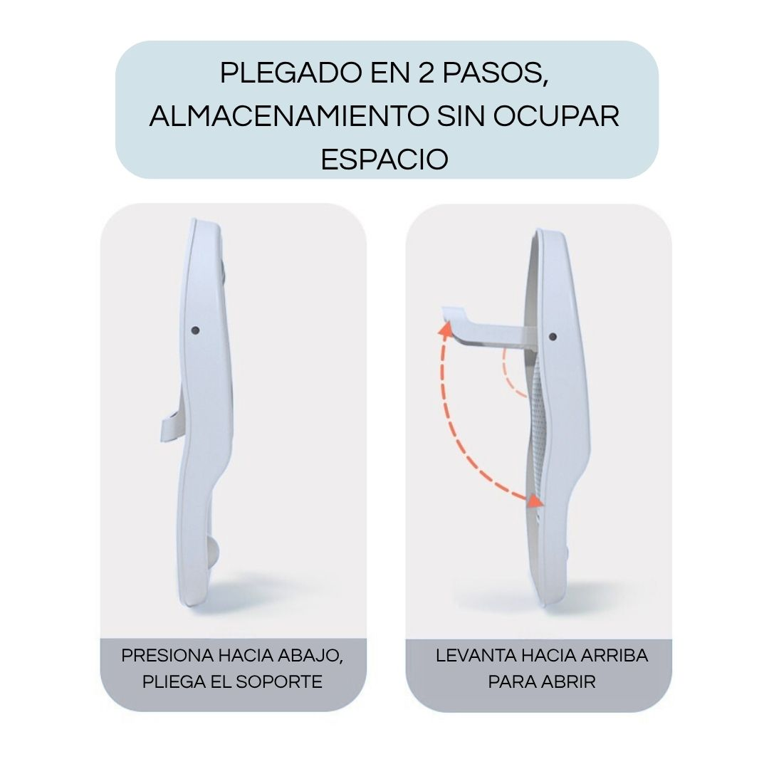 Un objeto blanco se muestra plegado y luego abierto. Almacenamiento compacto.