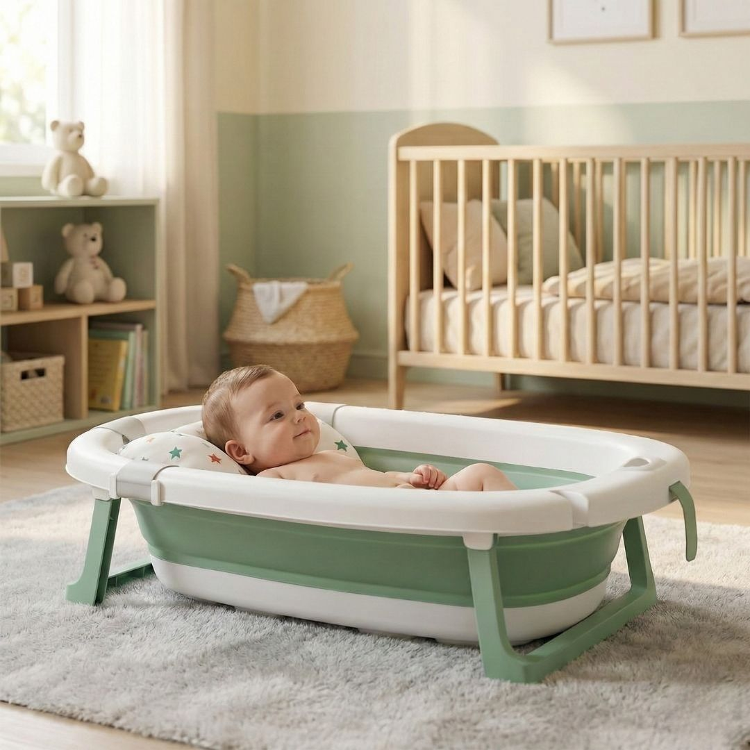 Bebé en bañera plegable verde y blanca con estrellas en almohada, cuna de fondo.