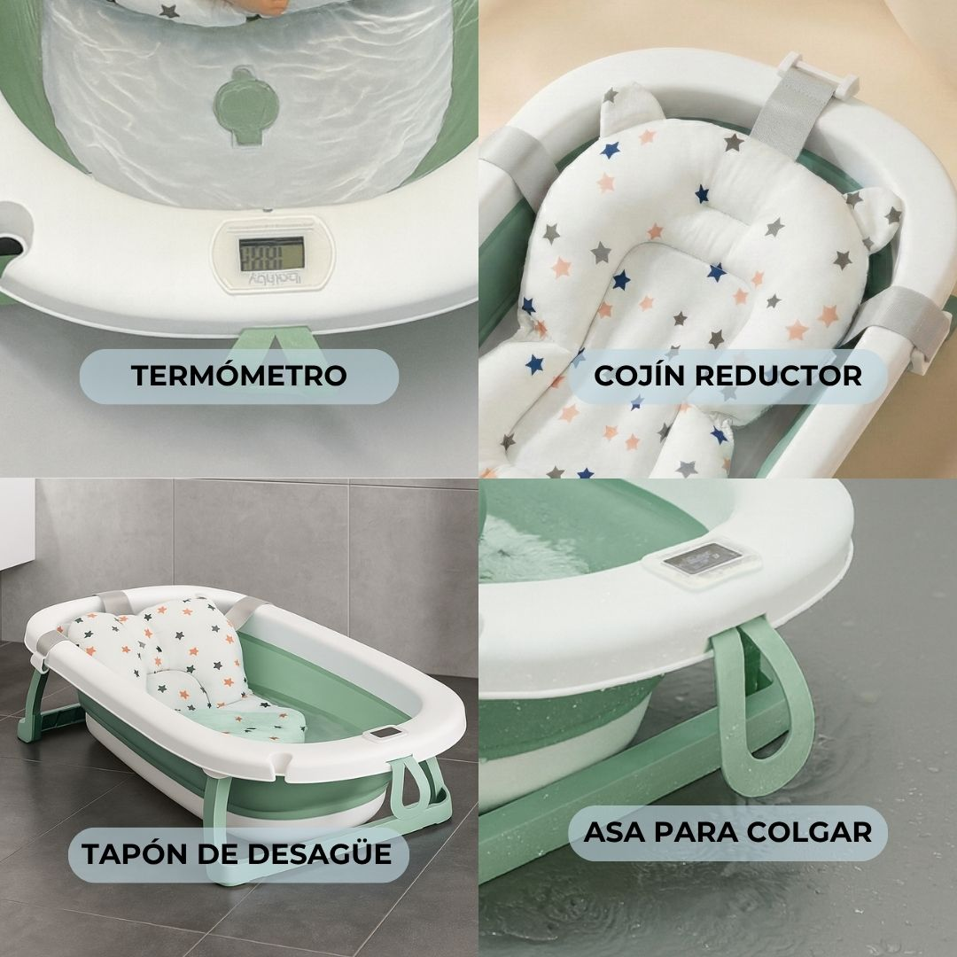 Un set de bañera de bebé plegable con termómetro, cojín y asa para colgar.