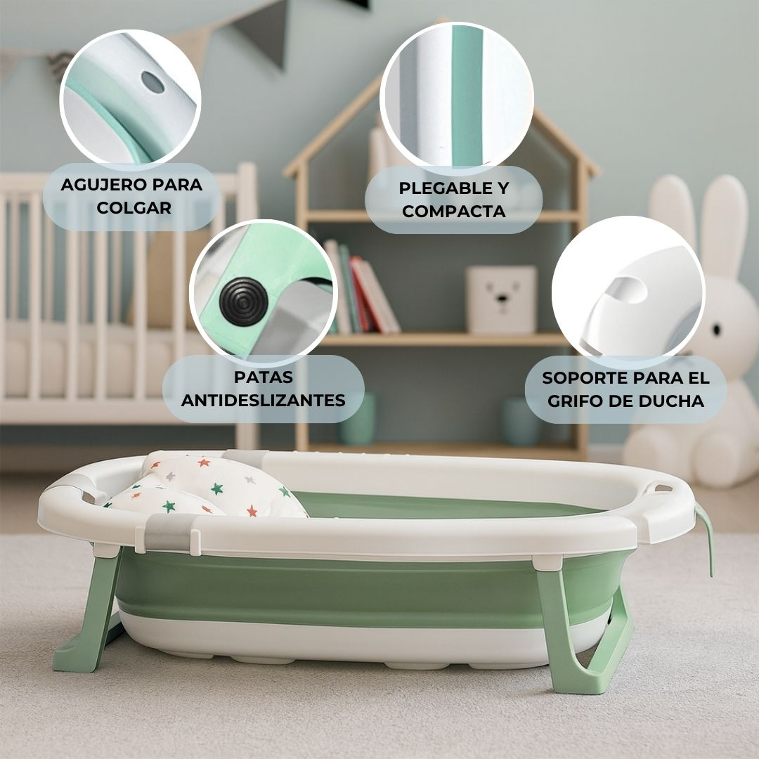 Una bañera de bebé plegable en verde y blanco con patas antideslizantes.