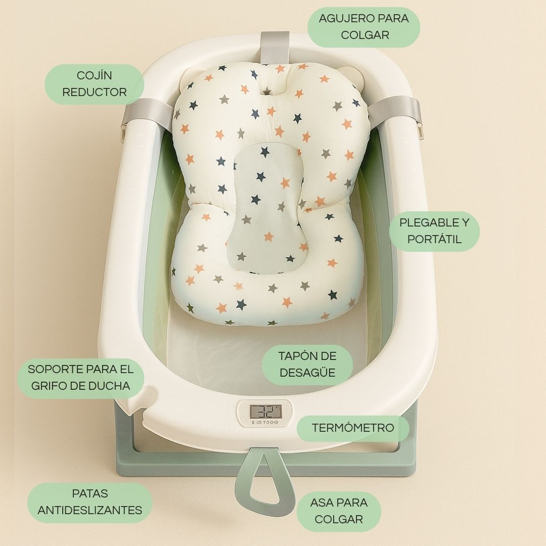 Un reductor plegable para bañera de bebé con estrellas y termómetro.
