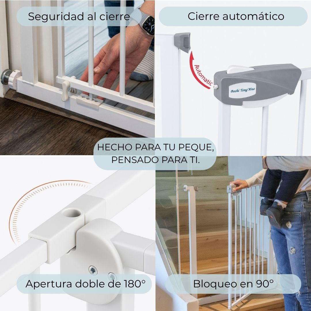 Collage de puerta para bebé: cierre, bloqueo automático, apertura 180°, bloqueo 90°.