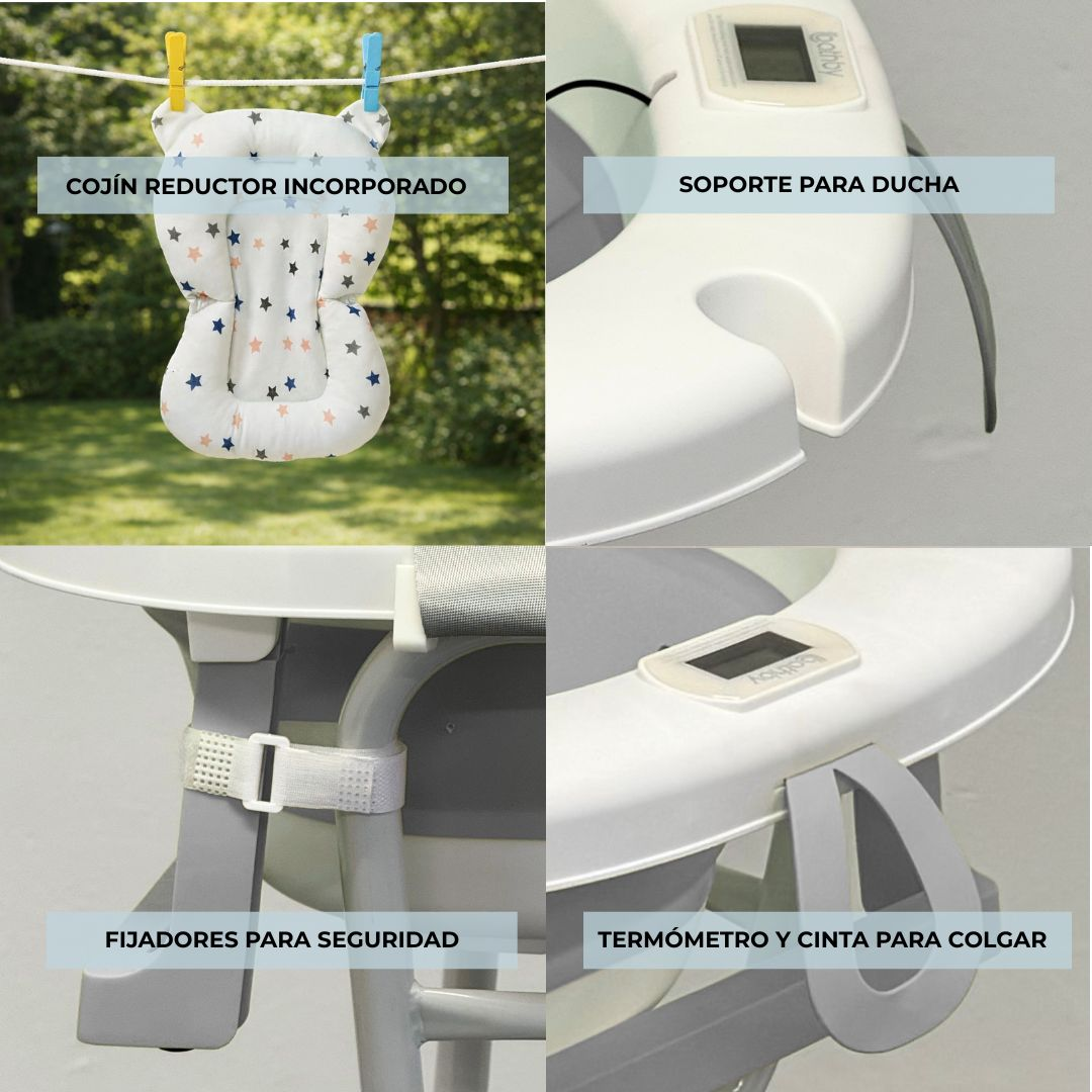 Bañera de bebé con accesorios: reductor, soporte ducha, fijadores, termómetro.