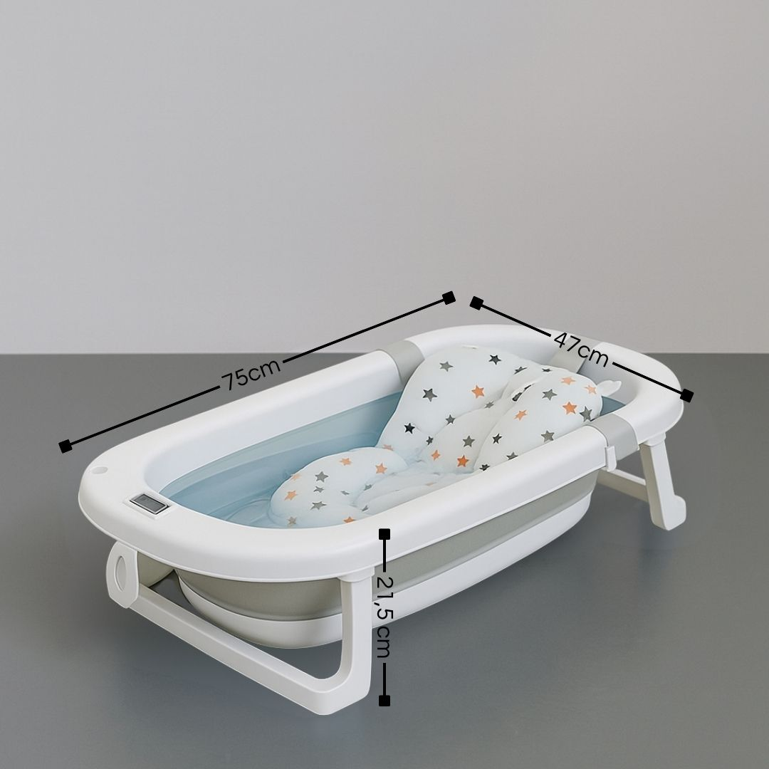 Bañera plegable para bebés con cojín de estrellas y agua.