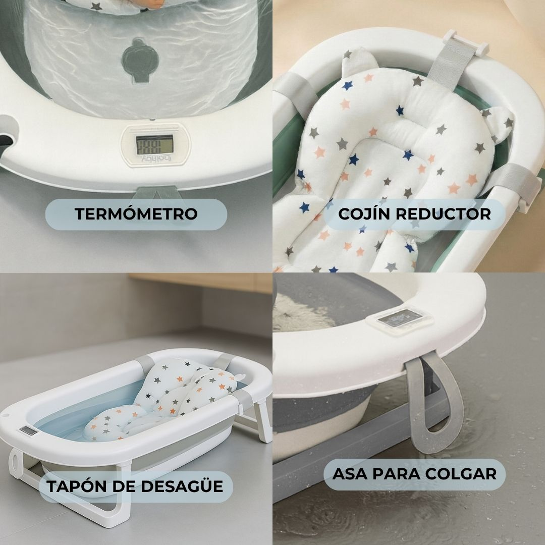 Un set de bañera plegable para bebé con termómetro, cojín y asa para colgar.