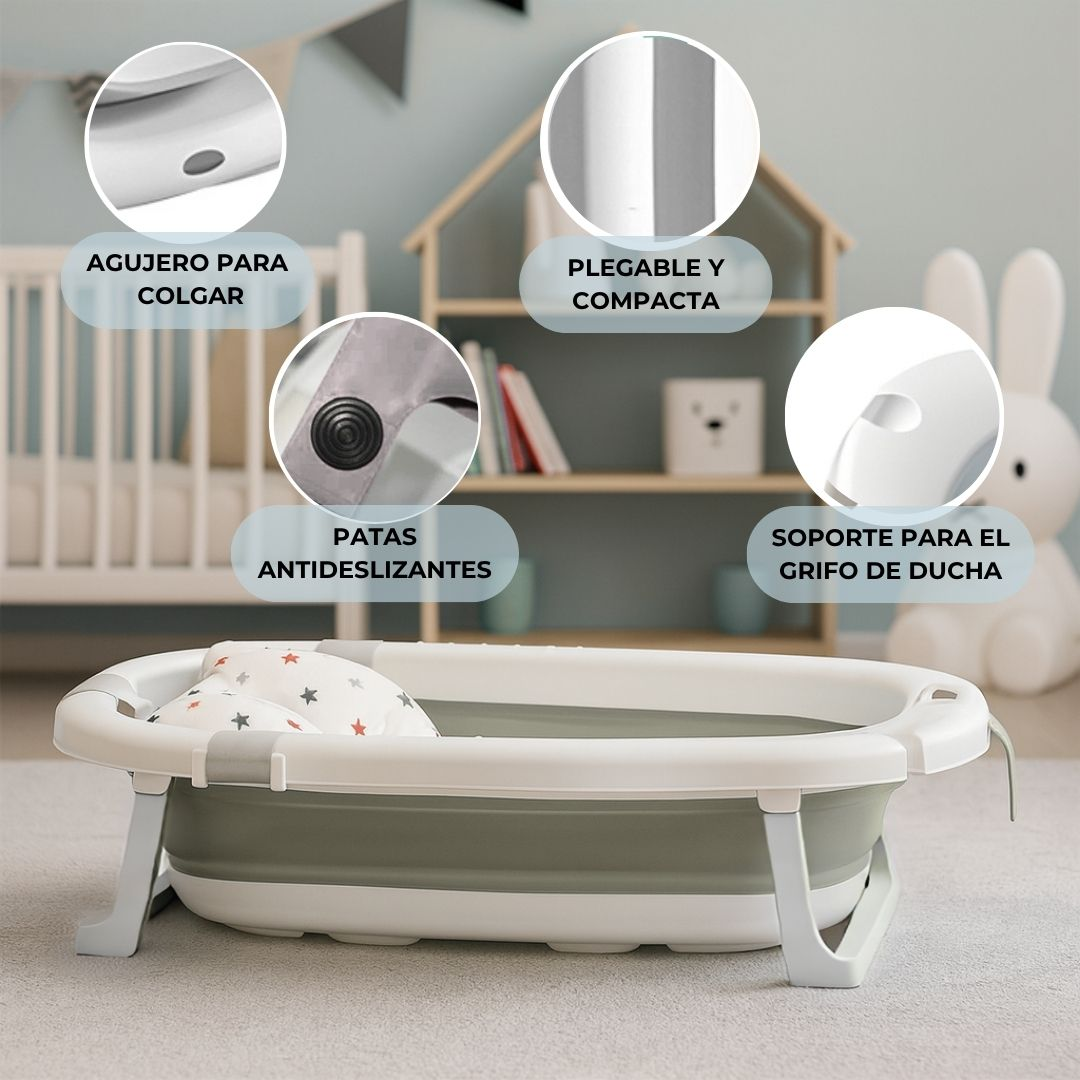 Bañera plegable para bebés con patas antideslizantes y orificio para colgar.